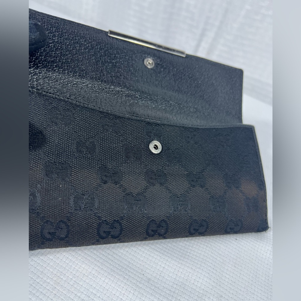1023: Gucci GG Black Canvas Continental Wallet Leather Trim - Picture 7 of 10